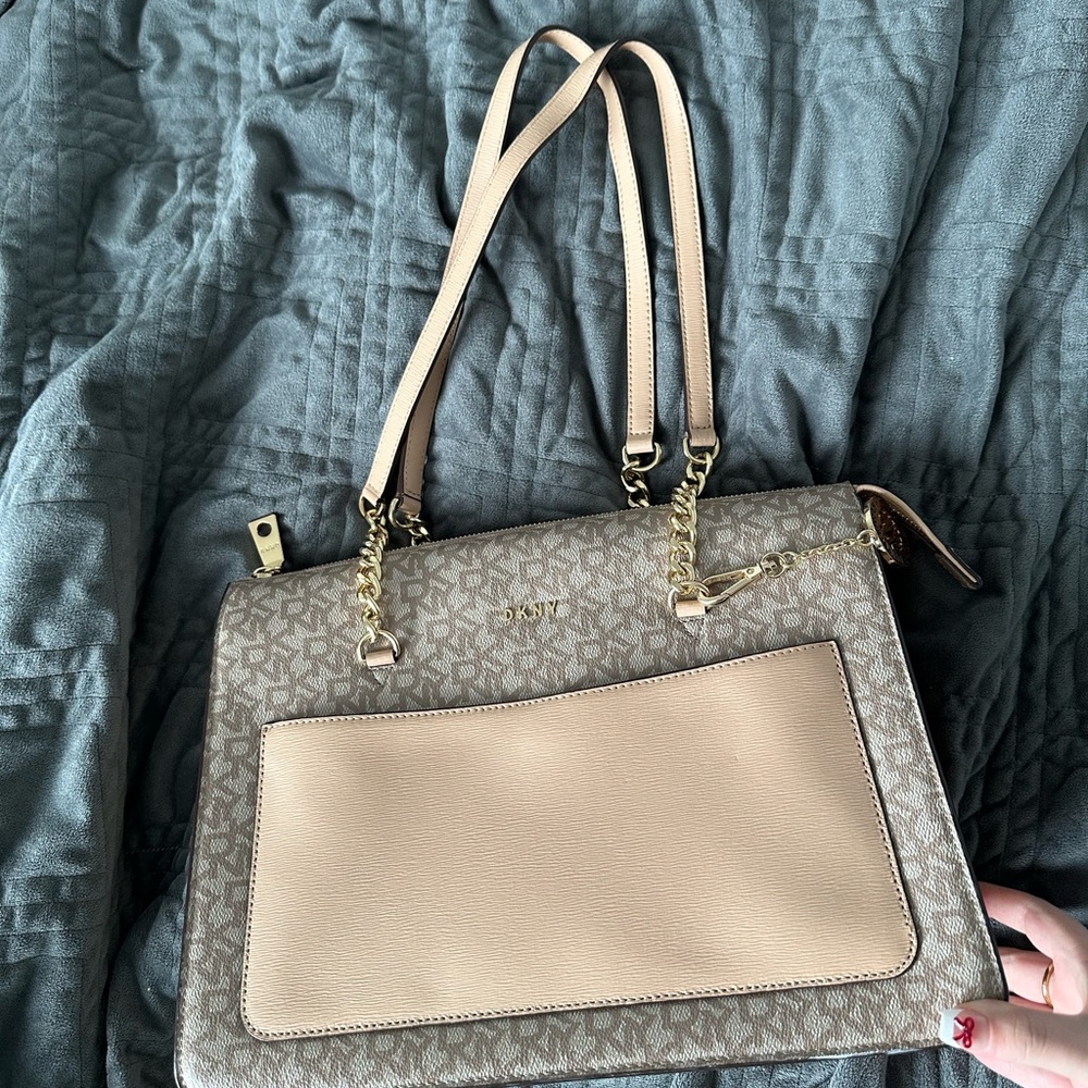 DKNY Cream and Brown Satchel with Elegant Design